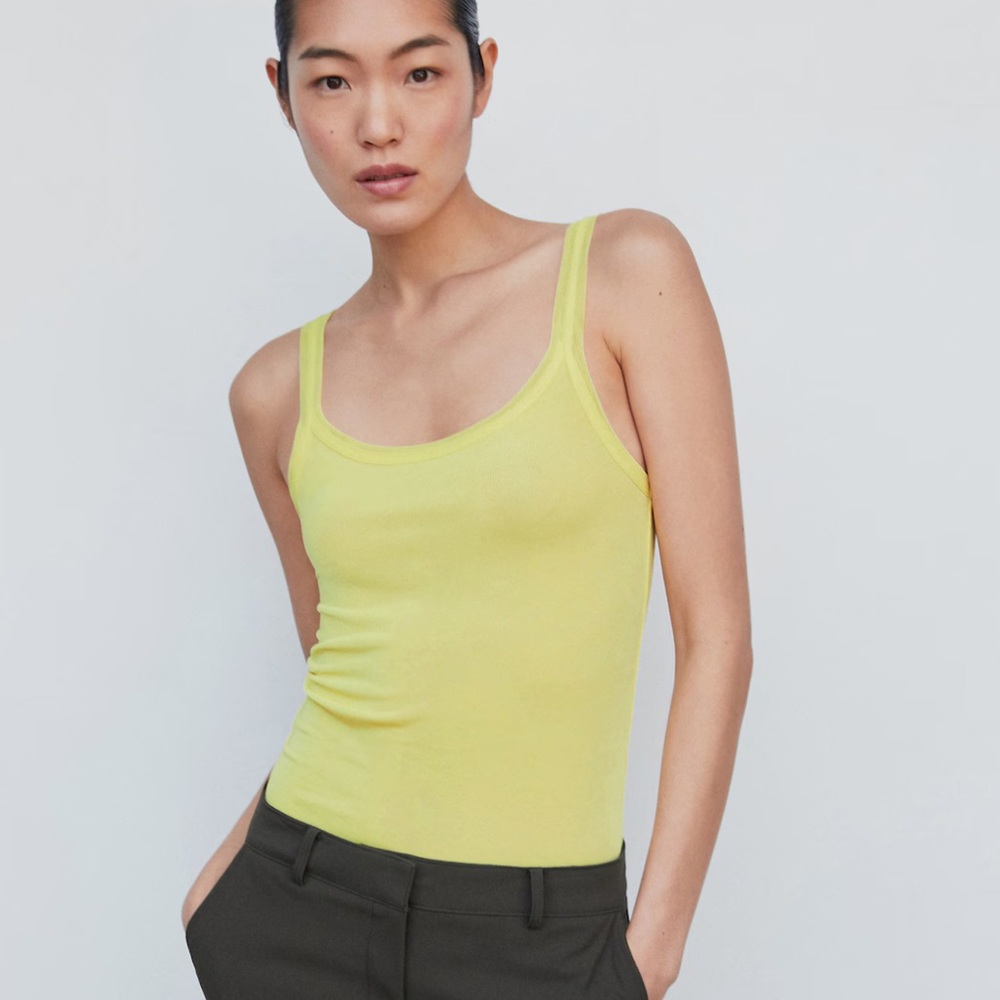 Mango Ribbed‎ Knit Spaghetti Strap Tank Top Lemon Yellow Cropped Fit